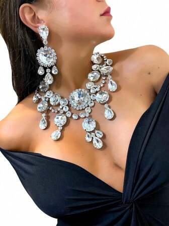 1set Of Exaggerated Rhinestone Water Drop Pendant Necklace Earrings Set Women's Luxury Party Evening Dress Jewelry