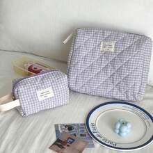 Nécessaire grande acolchoada xadrez roxa (1 unidade), bolsa de maquiagem portátil e moderna, nécessaire de viagem feminina, bolsa multifuncional para guardar batom, absorvente higiênico, moedas, chaves, presilhas de cabelo, elásticos de cabelo, nécessaire charmosa, organizador de viagem para maquiagem, presente para o Dia das Mães, presente de volta às aulas, presente de Ano Novo - Roxa - Ver 16