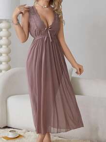 Set Women's Nightdress And Underwear, Sexy Perspective Seductive Pajamas Long Fairy Pure Hot Hot Nightdress Sweet, Fun Nightdress, Suitable For Romantic Night, Everyday, Mesh, Micro Transparent, Bow,Sexy Lingerie