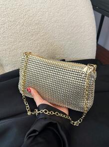 Bolsa de ombro com alça de corrente decorada com strass, bolsa clutch de noite com zíper, bolsa de axila de alta qualidade