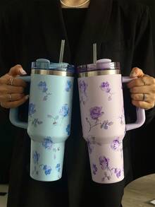 1pc 40oz/14oz Watercolor Rose Themed Vacuum Insulated Tumbler With Handle, Stainless Steel Travel Mug, Reusable Cup, Suitable For Commute, School, Office, Outdoor, Gym, Home, Gifts For Women, Teenagers, Holiday, Birthday (With Straw) - Multicolor - View 4