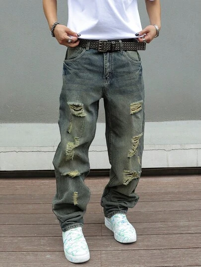 Men's Y2K Distressed Ripped Jeans Mid-Rise Full Length Slim Fit Streetwear