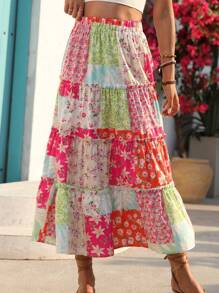 New Lightweight Floral Patchwork Pleated Skirt, Japanese Style Fresh Cute Ditsy Floral Summer Vacation Fashion Holiday Casual Skirt Suitable For Hawaii, Music Festivals, Ladies' Day Celebrations, Country Music Concerts, Graduation, Parties, Independence Day