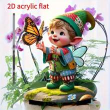 1 pièce Piquet de jardin en acrylique plat 2D, représentant un gnome imaginatif et un papillon - décoration extérieure vibrante pour les jardinières, les patios et les pelouses - imperméable et résistant aux rayures - cadeau de vacances parfait pour la famille et les amis, décoration de jardin, style aléatoire 2D plat