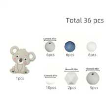 36/38/43pcs Cute Silicone Bead Set, 12mm/15mm Solid Color Koala Pattern Round Loose Beads, Used For DIY Jewelry Making, Key Chain, Pen Strap, Bracelet, Necklace, Pendant Handcraft Supplies