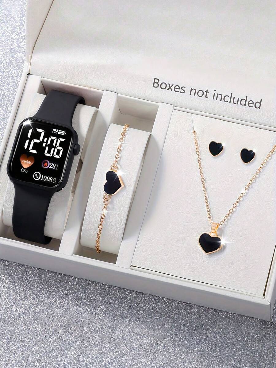 5入組愛心方形數字顯示電子手錶、耳環、項鏈、手鐲女孩珠寶套裝 - 黑色 - 查看 1