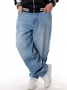 Men's Casual Jeans And Pants, Men's Solid Color Basic Loose And Oversized Street Dance Clothing, Skateboarding Hip-Hop Straight Leg Jeans, Suitable For All Seasons - 淺色水洗藍 - 查看 3