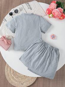 Girls Summer Fashion Bow Decor Suit, Round Neck Short Sleeve Top + Asymmetric Hem Skirt, Casual Outdoor T-Shirt Set Suitable For 4-7 Years Old Girls, Daily, Outdoor, Street, Campus & Party Wear - Grey - View 2
