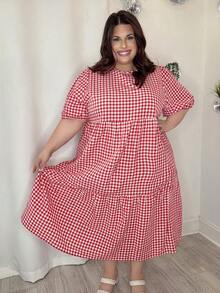 Enliva Karierten Muster Lässig Urlaubskleid in Große Größen