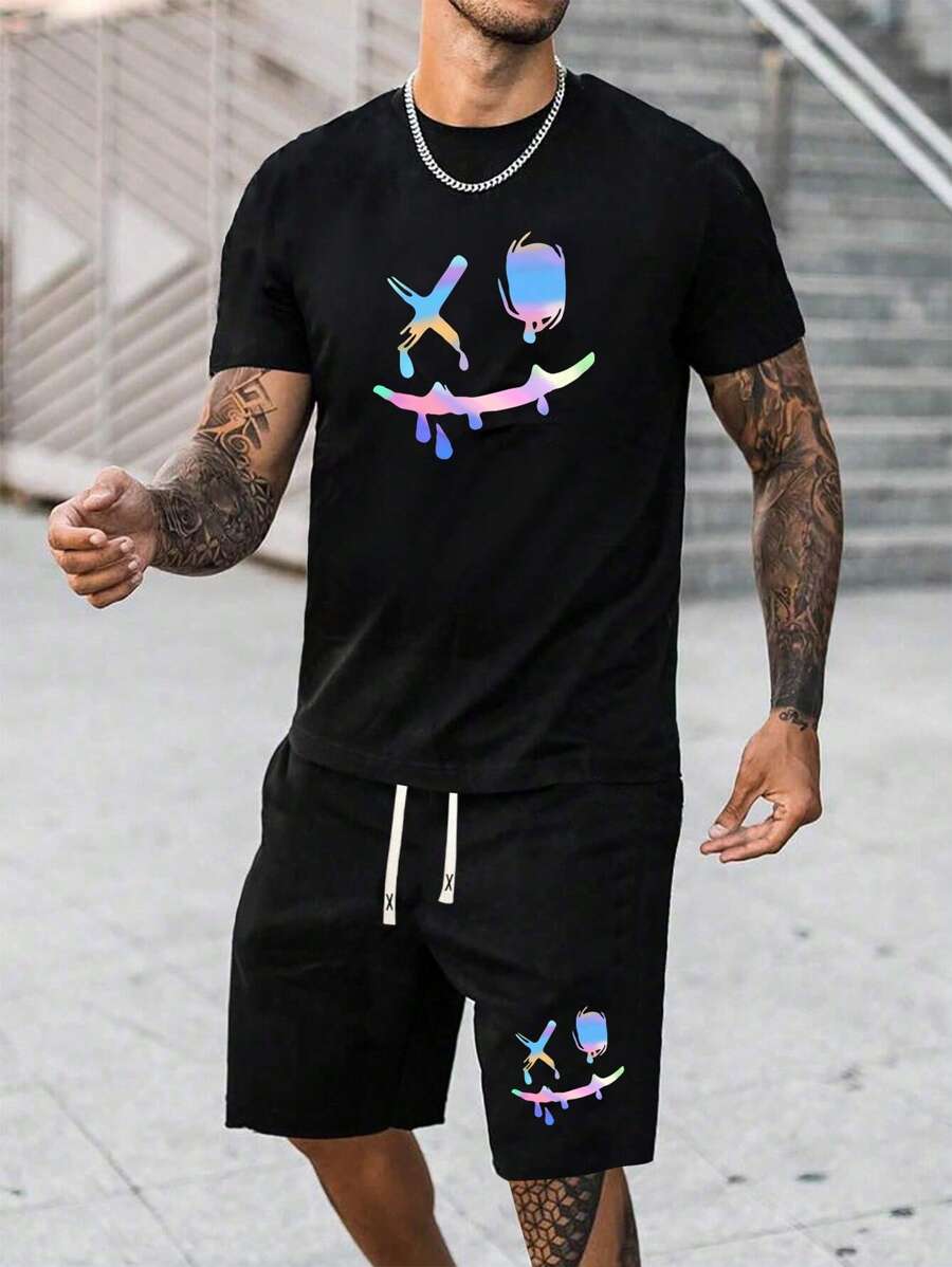 Set de 2 piezas de camiseta de manga corta y pantalones cortos de verano para hombre, con estampado de cara personalizado, outfit casual de moda con bolsillo, pantalón con cordón en la cintura, adecuado para commuting, usar en la calle, regalo para esposo o novio