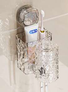 1 pieza Soporte para cepillo de dientes y vaso con ventosa, caja de almacenamiento integrada para cepillo de dientes y vaso, diseño montado en la pared sin perforación, solución ahorradora de espacio para almacenamiento y organización de baño, aseo y ducha, decoración de baño para el hogar, decoración de otoño, regreso a clases