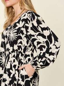 Women's Casual Dress Floral Printed Elegant Boho Dress Ruffle Hem A-Line Tiered Dress With Pocket Green And White Lightweight Soft Fabric Long Sleeves Pull-On Relaxed Fit V-Neck Knee Length Spring/Summer Perfect For Garden Parties - 黑色 - 查看 6