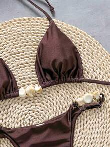 Bikinx Women's Brown Halter Backless Beaded Bikini Set With Tie Back And High Stretch Fabric