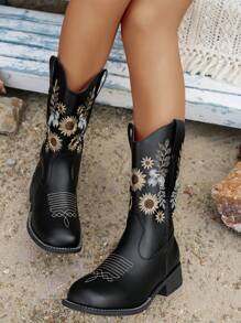 Women Embroidery Ankle Boots, Vintage Chunky Heel Boots, New Spring & Autumn Short Boot, Western Style Long Shaft Boot,Party