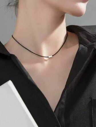 1pc Versatile Vintage Style Matte Black Waxed Cord And Stainless Steel Rectangle Metal Choker Necklace, Non-Fading, Suitable For Daily Wear, Party, Banquet, Valentine's Day Gift