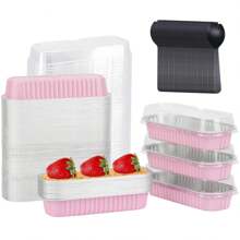 50 Stücke 200 ml rechteckige Aluminiumfolie Backform mit Deckel und Löffel, in rosa, Mini-Brotauflauf, rechteckiger Backbehälter Küchenausstattung, Muffinform, Kuchenform mit Deckel, Muffinförmchen, Torten, Sahnetorte