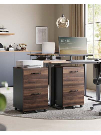2-Drawer Filing Cabinet, Mobile File Cabinet For Home Office, Small Rolling Filing Cabinet, Printer Stand, For A4, Letter-Size Files, Hanging File Folders, Natural Walnut And Ink Black