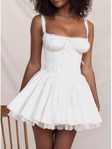 Women Y2k Summer Lace Trim Mini Dress Sleeveless Square Neck Tie-Up Front Short Tank Dress Casual Flowy A-Line Corset Dress Graduation Party Dresses Clubwear White - 白色 - 查看 5