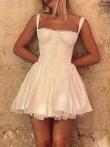 Women Y2k Summer Lace Trim Mini Dress Sleeveless Square Neck Tie-Up Front Short Tank Dress Casual Flowy A-Line Corset Dress Graduation Party Dresses Clubwear White - 白色 - 查看 6