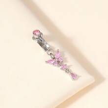 1pc Fake Belly Button Piercing Ring With Rhinestone Butterfly Design, Jewelry For Women - Pink - View 5