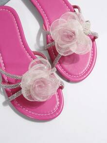 French Flat Flower Slip-On Slippers For Women, Summer Casual Wear, New Design, Fashionable For Outings, Dating, Shopping, Party - Hot Pink - View 8