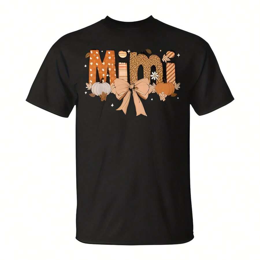 Mimi Pumpkin Fall Coquette Bow Tksgiving Mom Wo T-Shirt Aesthetic Y2K Style Summer Top, Loose Fitting T-Shirt For Outdoor, Home, Work Or Street Leisure, Soft And Durable Pure Cotton Fabric, Retro And Soft Design, I Gift For , Fashionable And Comfortable Shirt For Travel, Festivals Or Weekends - Black - View 1