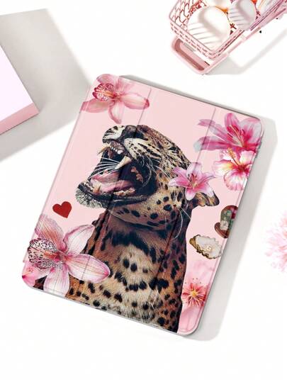 Leopard & Lotus Flower Print Slim Protective Case, Compatible With IPad 10.2 Inch, IPad Pro 11 2021/2020/10th Gen, IPad Mini 4/5/6, Galaxy Tab A8 10.5 Inch 2022, Matepad 10.4/Tab, With Pencil Slot, Anti-Drop, Tablet Stand Cover