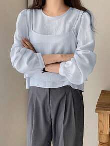 2025 春季新款时尚小众吊带背心，女士独特长袖衬衫套装 - 藍色 - 查看 2