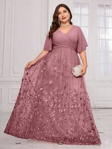 UNITHORSE 加大码 [随机剪裁] V 领荷叶袖、胸前褶皱、叶状网格图案拼布连衣裙，优雅正式晚会礼服，适合婚礼宾客、毕业典礼、晚宴派对礼服 - 中紫紅色 - 查看 5