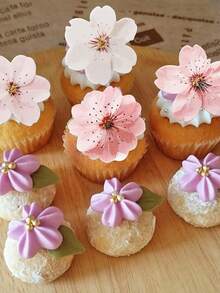10/30/50 piezas Decoraciones para cupcakes con flores de cerezo, decoraciones de flores de cerezo 3D para pasteles, flores de papel de oblea para decorar cupcakes para baby shower, cumpleaños, boda, decoraciones y suministros para fiestas, coloridos - Multicolor - Ver 7