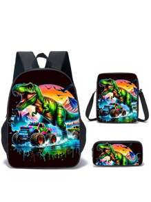3pcs Dinosaur-Black/Green/Colours Themed Backpack Set With Lunch Box & Pencil Case&Storage Bag - Polyester, Lightweight, Fashionable Mixed Colors