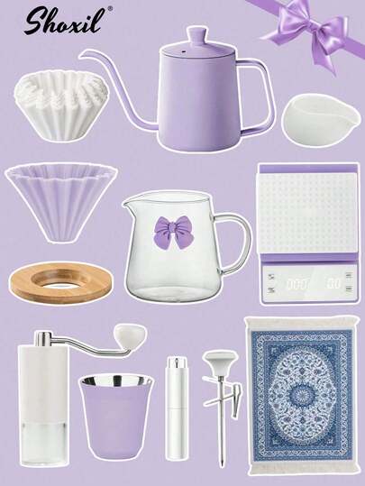 shoxil Lila kaffeset, storlek 02 droppkaffeset, häll över kaffebryggare, bärbart presentset för kaffe, resetillbehör för kaffe och verktyg, julklapp för familj och vänner