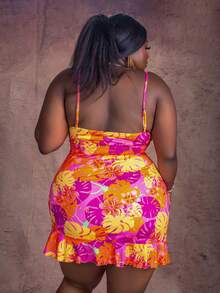 CurvyTilda 加大码女式波西米亚风花卉印花露背荷叶边下摆合身度假/返校连衣裙，适合夏季、沙滩裙、太阳裙、度假装 - 彩色 - 查看 2