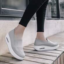 Zapatos deportivos informales de cuña de suela gruesa para mujer, antideslizantes, resistentes al desgaste, grises, transpirables para exteriores - Gris - Ver 4