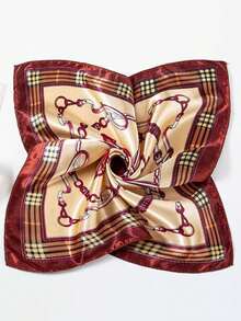 1条女士波西米亚风链条印花丝巾，50厘米复古丝滑质感，多功能围巾/头巾，适合日常佩戴和节日送礼，夏季 - 卡其棕 - 查看 4