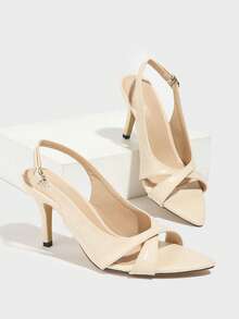 Women Fashion High Heel Sandals, Pointed Toe Glittering Cross Strap Embellished Elegant Mule Shoes, Suitable For Party, Summer, Outdoor Events - Apricot - View 5