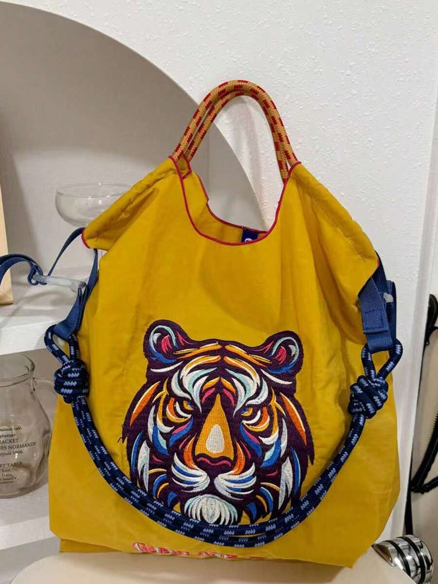 New Delicate Tiger Head Embroidered Design Large Capacity Handbag, Women Fashion Versatile Shoulder Tote Bag - Multicolor - View 1