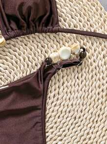 Bikinx Women's Brown Halter Backless Beaded Bikini Set With Tie Back And High Stretch Fabric