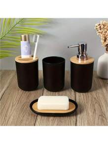 4 Stücke Bad Organizer Set - Seifenspender, Zahnbürstenhalter, Seifenschale und Flüssigseifenspender mit Holzdeckeln - Minimalistische Bad Küchen Reinigungs Aufbewahrung für Rückkehr zur Schule