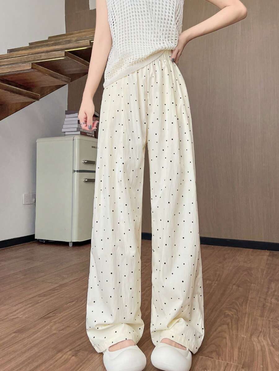 Korean Style Polka Dot Loose Straight Leg Casual Wide Leg Pants - Apricot - View 1