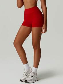 Women's Stretch Solid Color High Waist Yoga Sports Running Cycling Short - Red - View 4