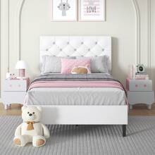 Bed Frame, Upholstered Bed Frame With Button Tufted Headboard, PU Leather Bed Frame With Adjustable Headboard, No Box Spring Needed, Easy Assembly, White/ Black/ Pink/ Blue/ Green, Twin/ Full/ Queen * Bed Frame Queen Queen Bed Frame Bed Frame Full Full Size Bed Frame King Size Bed Frame Twin Bed Frame Room Decor Home Decor Christmas Decor Bedroom Decor Valentine Day Decor Storage Living Room Decor Furniture House Decor - 白色 - 查看 14