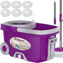 Mop And Bucket With Wringer Set,Spin Mop And Bucket System, Mops For Floor Cleaning,Household Supplies Tools With 6 Replacement Refills,61" Extended Handle For Household Hardwood Floor - Purple