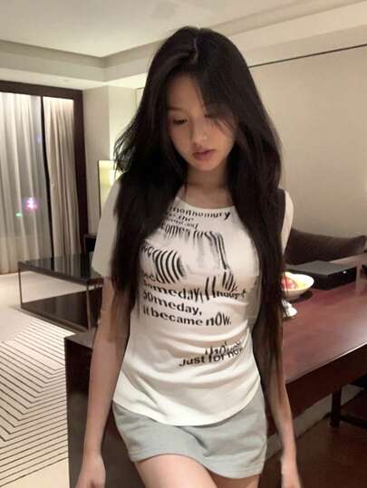 女式字母扎染印花修身露肩短袖休闲上衣T恤