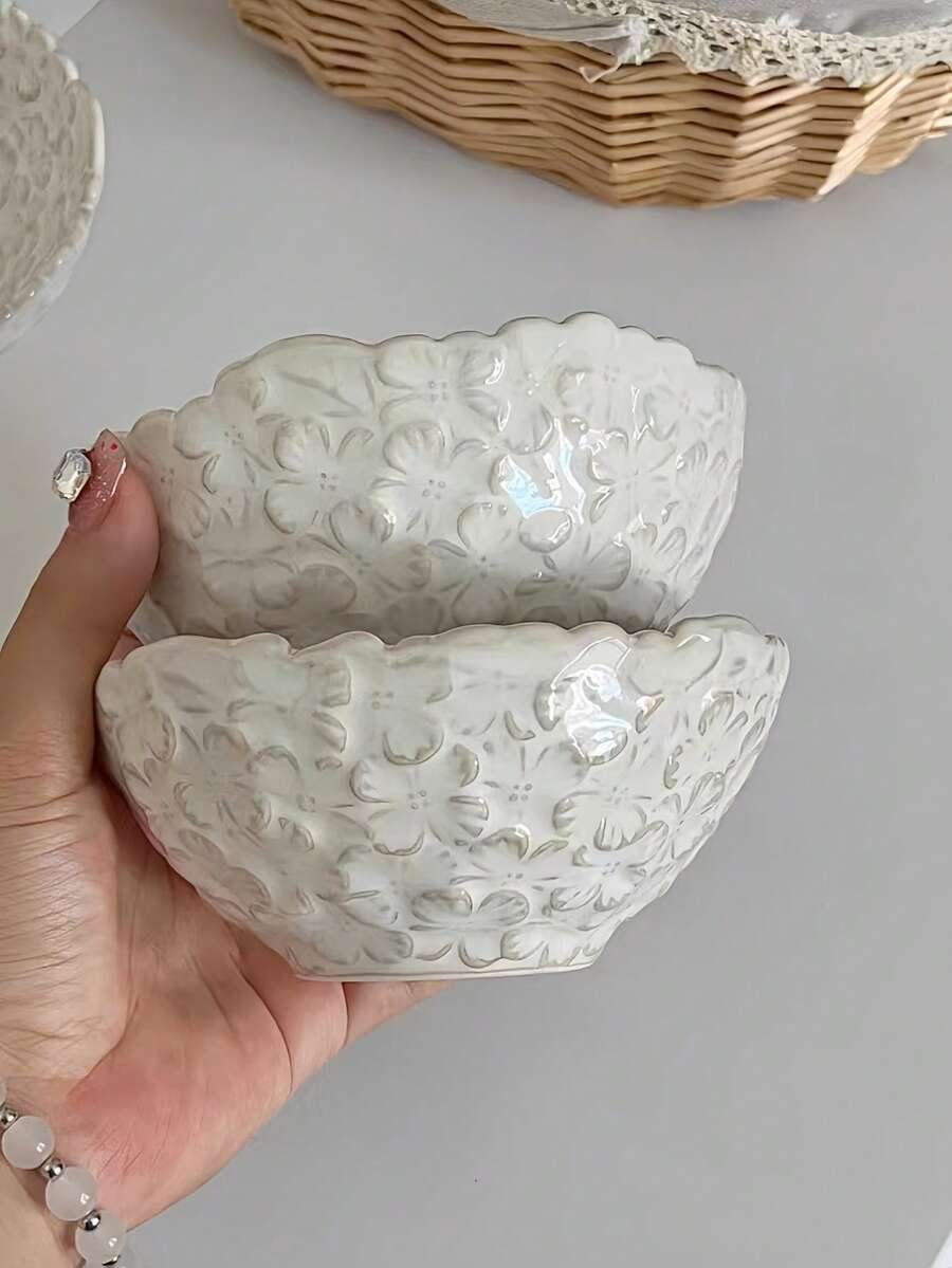 1pc 3D Embossed Sakura Flower Ceramic Bowl, French Retro Sakura Fruit Yogurt & Oatmeal Bowl, Elegant Sakura Dessert Breakfast Bowl, Suitable For Restaurants, Living Rooms, Cafes,School Supplies - Beige - View 1