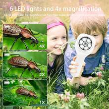 儿童袖珍显微镜玩具，4 倍变焦手持放大镜，带微距定焦和 3 级 LED 照明，用于照片/视频录制的数码显微镜，互动自然探索套件，适合 3-12 岁男孩和女孩 - 彩色 - 查看 6