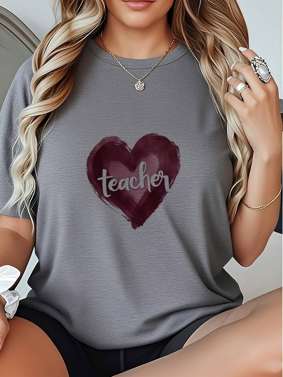 Women's Summer Cotton T-Shirt- Heart-Shaped Brush Stroke With The Word Teacher Written In White Cursive Font - Grey - View 1