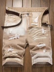 Men's Fashion Distressed Color Block Casual Slim Fit Denim Shorts - Khaki - View 1