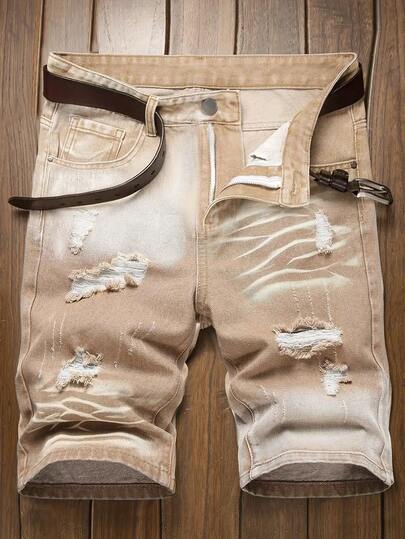 Pantalones cortos de mezclilla casuales de ajuste slim con bloques de color desgastados para hombre