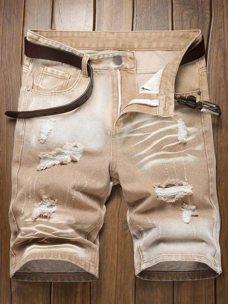 Men's Fashion Distressed Color Block Casual Slim Fit Denim Shorts - Khaki - View 1